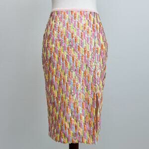 Jaspal Colorful Pink Pastel Rainbow Sequin Side-Slit Knee Length Pencil Skirt XS